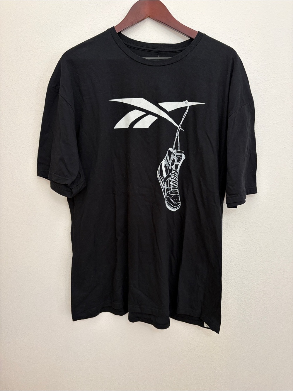 NWT Reebok Black Cotton Tee with White Logo and Hanging Sneaker Graphic